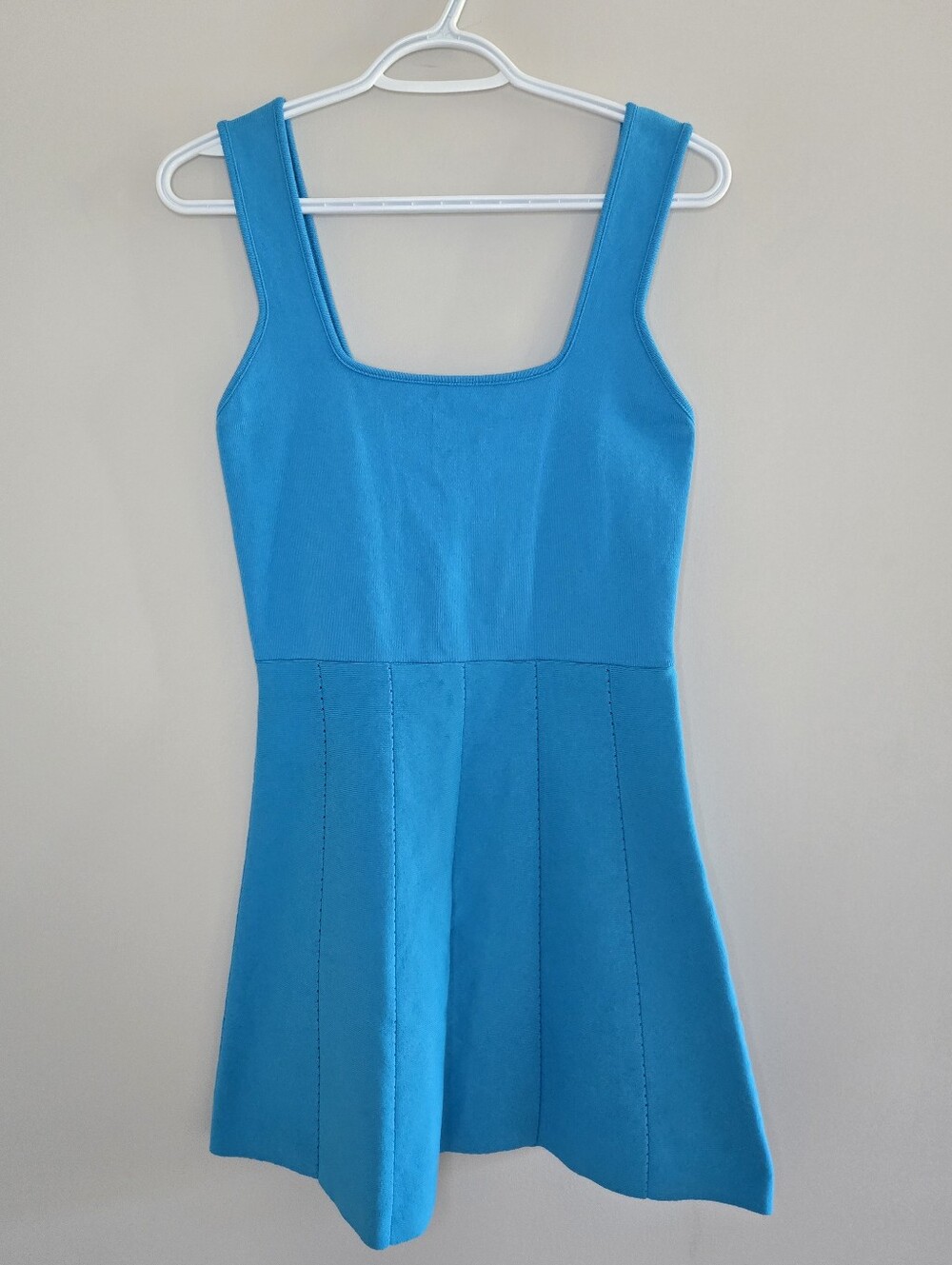 Zara bright turquoise blue fit + flare stretch mini dress, square neck, new